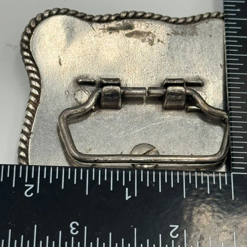 Western Horse Belt Buckle Silver Tone‎ Floral Engraved Rhinestone Border Rodeo
